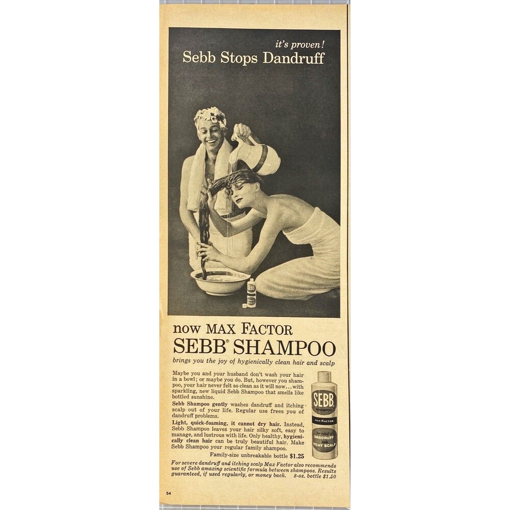 Max Factor SEBB Shampoo "Brings you joy of clean hair & Scalp" Vtg Print Ad 1957